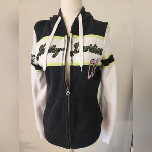 Harley-Davidson Black and White Hooded Jacket. Lime Green And Pink Accents